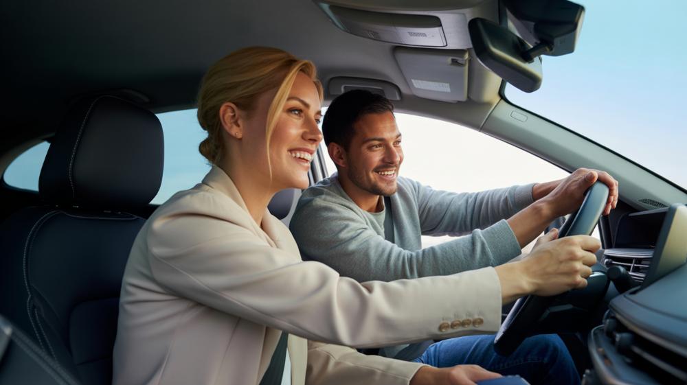 Zadowolona para w samochodzie po sprzedaży auta za gotówkę