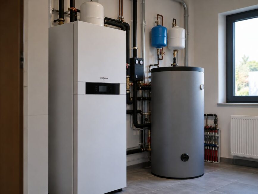 Nowoczesny system grzewczy z urządzeniem i zasobnikiem w pomieszczeniu technicznym