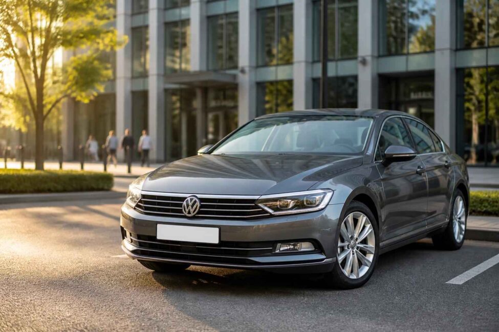 Szary Volkswagen Passat zaparkowany przed nowoczesnym biurowcem w promieniach zachodzącego słońca